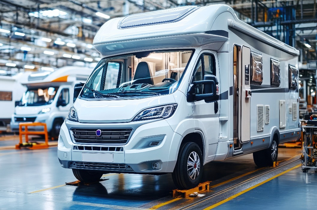 Ein modernes Wohnmobil, das tagsüber in einer Produktionsstätte zu sehen ist